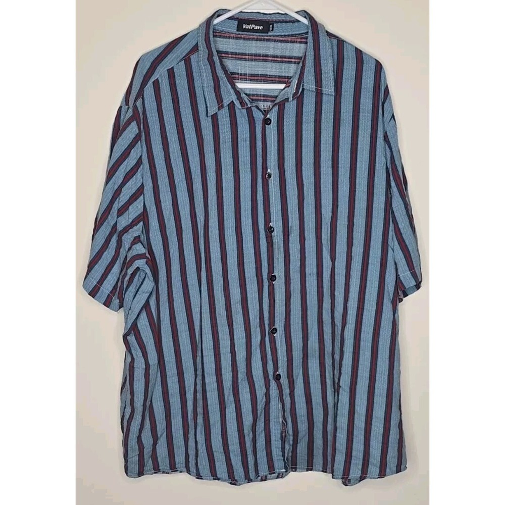 Vatpave Button Up Shirt Mens 3XL Blue Red Vertical Stripe Short‎ Sleeve Viscose